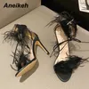 Slippers Aneikeh 2024 PU Fashion Peep Toe Sandal s Summer Thin Heels Shoes Party Sexy Basic Solid Sweet FEATHER Elegant White 230918