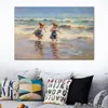 Impressionist Style Children Playing on the Beach Seascape Oil Painting Picture Print on Canvas Post for Living Room Wall Decor