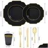 Disposable Dinnerware 60 Pieces Of Party Tableware Black Red With Gold Rim Plastic Plate Sierware Cup Set God Day Wedding Supplies Otmsx