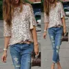 Women's Blouses Shirts Women's T Shirts Women Ladies Sequin Short Sleeve Fashion Casual Sparkly Tops Glitter Evening Party Shirt L230919