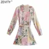 Zevity Women Elegant Pink Flower Print Breasted Shirtdress Female Long Sleeve Bow Sashes Vestido Chic A Line Mini Dresses DS8173 2224g