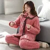 Damen-Nachtwäsche, 2-teiliges verdicktes Pyjama-Plüsch-Korallen-Samt-warmes Oberteil mit V-Ausschnitt, lockere Hose, schönes Flanell-Loungewear-Set für Frauen