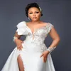 2021 Plus Size Arabische Aso Ebi Zeemeermin Kant Kristallen Bruidsjurken Pure Hals Hoge Split Afneembare Trein Bruidsjurken ZJ575291o