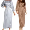 Femmes arabes musulmanes Satin bouffée à manches longues Robe Maxi couleur unie enveloppement avant auto-cravate Abaya dubaï turquie Hijab Robe caftan273e