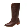 Stövlar Nya modekvinnor Mid Calf Western Cowboy Point Toe Kne High Pull On Ladies Leather Brodery Botas Mujer 35-43 230919