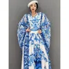 Klänning Holiday Swing Dress 2023 Autumn New Long Sleeve Dress Printed Chiffon Chinese Style Blue and White Porslin Floor Mop Dress Bekväm för kvinnor