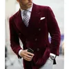 Мужские костюмы Бордовый двубортный бархатный мужской пиджак Элегантное одно пальто Курительный мужской костюм Вечерний пиджак с костюмом с большими остроконечными лацканами