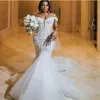 Sexy Off the ramion syrena sukienki ślubne 2022 Arabski Aso Ebi Lace Backless Vestidos de Novia Court Train Bridal Suknie Plus SI263O