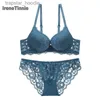 Conjuntos de sutiãs Conjuntos de sutiãs IRENE TINNIE Sexy Lace Lingerie Set Mulheres Push Up Três Quartos Cup Dessous Hollow Out Ajustável Deve Sutiã Alta Elástico Thong L230919