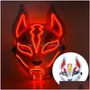 Maschere per feste Maschera di volpe di Halloween Cosplay Led Glow Giapponese Colorf Luce al neon El In The Dark Club Puntelli Fy0276 Consegna a domicilio Garde Dh1Ay