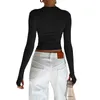 Women's T-Shirt Women T-shirt Long Sleeve Crew Neck Solid Slim Fit Ladies Crop Top with Thumb Holes for Daily Street 230919