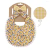 Hair Accessories Saliva Plaid Printed Linen Cotton Baby Double-sided Bib Towel Headband Set