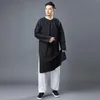 エスニック衣類男子丸い首の斜めシャツ中国語スタイルミディアムハンボックスリーブプレーンラミーボタンガウン