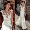 2023 Modest Soft Satin Scoop Mermaid Wedding Dresses With Lace Appliques Sheer Bridal Gowns Illusion Back robe de mariee286c