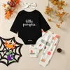 Clothing Sets 3PCS 024M Winter Infant Baby Girls Halloween Outfit Letter Print Long Sleeves Romper Pumpkin Pants Butterfly Tie Hair Band 230919