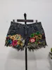 Pantalon femme tendance paillettes florales bavures trou Denim Shorts Vintage taille haute jambe large jean court femme 2023 printemps