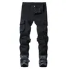 Patchwork Denim jean hommes crayon pantalon coupe ajustée motard jean maigre décontracté survêtement grande poche latérale Hip Hop noir Cargo pantalon 210U