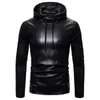 Men's Hoodies Men Spring Fall Hoodie Top Faux Leather Smooth Soft Long Sleeve Cotton Patchwork Warm Mid Length Hip Hop Streetwear T-shirt