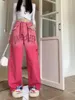 Женские джинсы Y2K, розовые потертые брюки для женщин, носящих дофамин, с стираными буквами, прямые брюки с завязками с градиентом