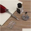 Party Favor 1 Set English Calligraphy Feather Dip Quill Pen Writing Ink Stationery Presentlåda med 5 nibs Red Drop Delivery Home Garden DH1TJ