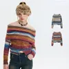 Женские свитера Y2k, винтажные укороченные вязаные осенне-зимние пуловеры в радужную полоску с разрезом на шее, корейские модные тонкие трикотажные изделия, свитера для женщин 230919