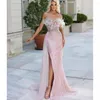 Sukienki imprezowe Różowe syrena wieczorne rękawe Bateau Feath B lśniące cekiny z koralikami Aplikacje 3D koronkowe z boku PROM Custom Made