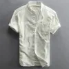 Slim Fit Mandarin Collar Short Sleeve Linen Cotton Shirt Men White Green Dark Blue Men's Casual Summer Shirts With Pocket245W