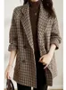 Ternos femininos blazers vintage houndstooth mulheres blazer de lã duplo breasted xadrez feminino terno jaqueta moda coreano outerwear solto blaser casaco 230919