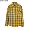 Ledingsen Brand Men Shird Casuare Cotton Roose Lose Lengeve Lengeve Yellow Plaid for Camiseta Hombre Streetwear Size 2XL260I