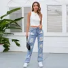 Women's Jeans Ripped Loose Blue Casual Hight Waist Fashion Streetwear Straight Denim Pants 2023 Trend