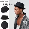 Chapeau Fedora noir en laine pour hommes, grande taille, 100% laine, pour papa, chapeau Fedora pour hommes, bol plat, Top Porkpie, Jazz219J