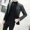 Solid Black Slim Fit Blazer Hombre Pu Leather Jacket Men One Button Business Casu