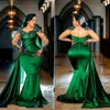 Artı Boyut Uzun Kollu Prom Elbiseler Arapça Aso Ebi Ebi Koyu Yeşil Denizkızı Dantel Aplikler Gece Elbiseleri Mücevher Boyun Partisi İkinci Resepsiyon Giyiyor
