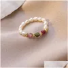 Avec pierres latérales cristal naturel perle d'eau douce bague en or anneaux de perles doigt pour femmes filles bijoux de mode livraison directe Dhp0M