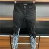 Luxe mode heren rechte slim fit biker jeans broek geschilderd noodlijdende mager gescheurd vernietigd vintage jeans hiphop denim pan280q