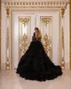 Svart Dubai Evening Dresses Luxury 2023 Pearls Long Sleeves Ruffles Hi-Lo Tulle Sexig Women Formal Prom Pageant Clows Custom Made Made