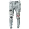 Mens Moto Biker Dżinsy Hip Hop haft czarny niebieski chłodny chude rozciągnięte rozciąganie Slim Elastyczne Pencil Penci Male S-3XL Y0127288U