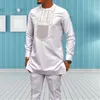 Herrspårar Kaftan Summer Mens kläder sätter broderade långärmad toppskjorta byxor afrikanska etniska casual gentleman 2 st.