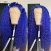 Brazilian Hair Blue Color Curly Human Hair Wigs with Preplucked Hairline Glueless Synthetic Lace Front Wig Lace Closure Wigs