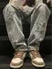 Jeans pour hommes Patchwork Star Pattern Pantalon droit Taille haute Denim Mens Baggy Zipper Hip Hop Streetwear