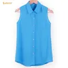 Kvinnors blusar skjortor Kvinnor Turn-down Chiffon Blue Summer Shirt Blusas Femeninas Solid Vest Tops Loose Sleeveless Thin and Light Chiffon Blus 230915