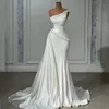 Shoulder One Mermaid Dresses Satin Beading Bridal Ruched Wedding Gowns Plus Size Robe De Mariee