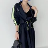 Work Dresses Clothland Women Chic Spliced Patchwork Jacket Skirt Suit Loose Coat Elastic Waist Midi Two Piece Set TZ339