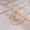 Kedjor mode dubbelskikt imitation pärla halsband rostfritt stål lim pärlstav kvinna hals charm smycken
