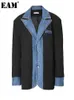 Ternos femininos Blazers EAM Mulheres Azul Escuro Deinm Emendado Tamanho Grande Blazer Lapela Manga Longa Solta Fit Jaqueta Moda Primavera Outono 1DF3061 230920