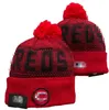 Reds Berretti Berretto Cincinnati Lana Caldo Sport Cappello lavorato a maglia Hockey Squadra nordamericana A strisce Linea laterale USA College Cuffed Pom Hats Uomo Donna