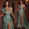 Gorgeous Green Mermaid Evening Sequins One Shoulder Formal Party Prom Dress Split Pleats Dresses For Special Ocn