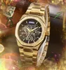 Hollow Skeleton Dial Automático Fecha Hombres Relojes Moda de lujo para hombre Banda de acero completa Movimiento de cuarzo Reloj Oro rosa Plata Ocio Reloj de pulsera Regalos