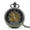 Pocket Watches Antique Round Mönster Gravering Romerska siffror Mekanisk klocka Retro Steampunk Manual Winding Fob Chain Men's