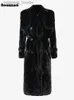 Damen Pelz Kunstpelz Nerazzurri Winter Langer schwarzer flauschiger Kunstpelz-Trenchcoat für Frauen mit abnehmbarer Weste aus Kunstfuchspelz Luxus-Designerkleidung L230920